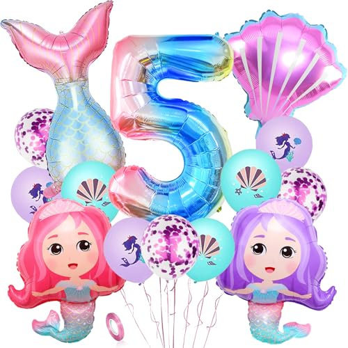 YOUYIKE 5. Geburtstag Mädchen Meerjungfrau Deko, 16 Stk Meerjungfrau Deko Kindergeburtstag 5 Jahre, XXL Folienballon Mermaid für Mädchen Geburtstag Meerjungfrau Ozean Mottoparty Deko