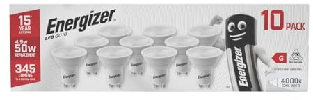 Energizer GU10 LED Bulbs Cool White. 50w Equivalent Spotlight Bulbs. 4000k - 345 Lumen. Non Dimmable - Pack of 10