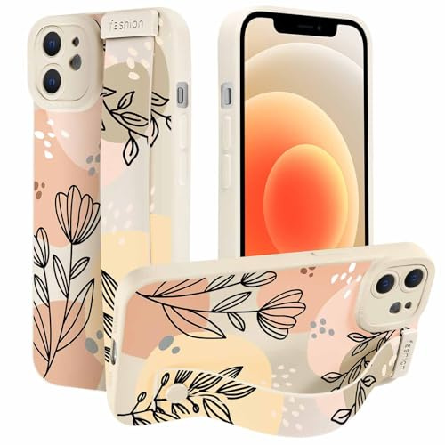 Foonary Geometric Black Phone Case for iPhone 12 6.1 with Wrist Strap Stand,Cute Aesthetic Patterns Cases, Hand Holder Protective Cover for Women Girls with Finger Grip,for iPhone12