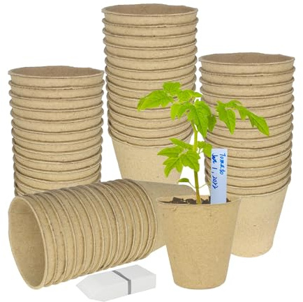 Belinlen 100 Pack 8cm Round Biodegradable Fibre Seedling Pots with 100 Pcs White Plastic Plant Labels Perfect for Indoor and Outdoor