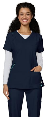 KOI Solis Women's Sari V-Neck 4 Pocket Scrub Top, 4-Way Stretch Ripstop Fabric, Navy, L