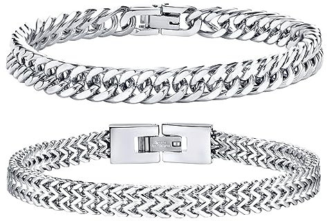 Herren Armband Edelstahl Armbänder Panzerkette - 2 Stücke Silber Herrenarmbänder für Männer Jungs Kubanische Armband 8mm Breite 19cm Länge Geschenke für Papa Sohn Bruder Freundschaft Ehemann