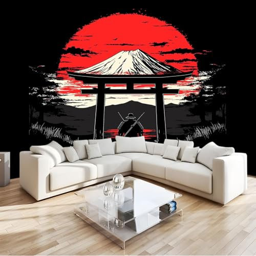 Fototapete 250 x 175 cm Tapete Vliestapete Wandtapete Moderne Wand Wandbild Schlafzimmer Wohnzimmer Japanische Berggipfel, rote Sonne Büro 3d Effekt Wand Dekoration Rot