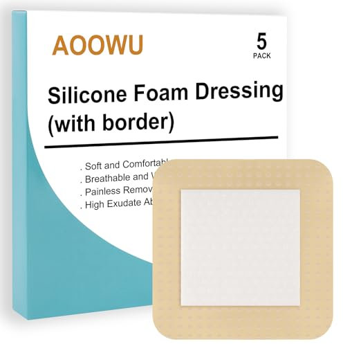 AOOWU Apósito de Espuma de Silicona con Borde, 5 PCS Adhesivo Estéril Impermeable (Almohadilla 10cm x 10cm)