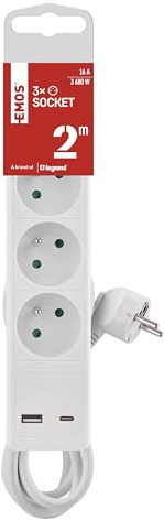 EMOS - Multiprise 3 Prises avec Charge USB et 2m de câble 1,5 mm2 - Multiprise avec Interrupteur 3X Prise, 1x USB C, 1x USB A - Convient au Montage Mural - IP20 pour l'intérieur - Blanc