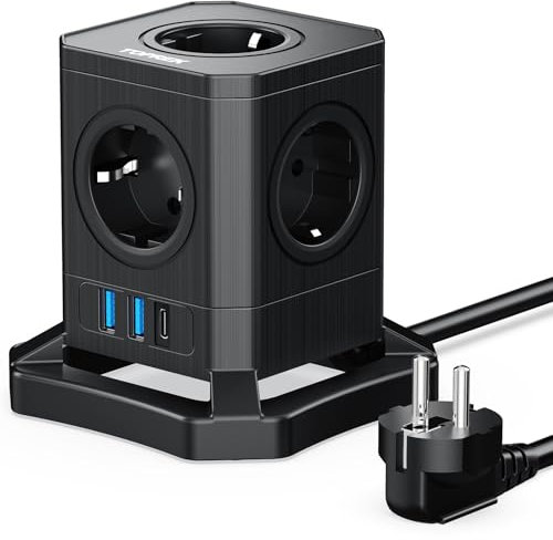 Cube Regleta Enchufe USB, TOPREK 8 en 1 Regleta Vertical Enchufes de 5 vías con USB-A y USB-C (20W PD3.0), Enchufe Cubo de 4000W con Interruptor para Oficina, Hogar, Cable de 2 m, Negro