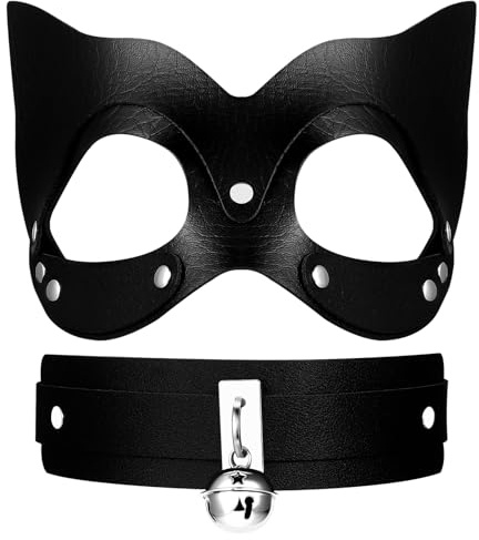 Cupimatch Masque Carnaval Vénitien Cuir: Masque de Chat Sexy avec Collier Cloche et Rivet Demi Visage pour Cosplay Déguisement Bal de Maquillage Mascarade Noir - Cadeau Halloween