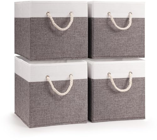 woodluv Storage Cube Boxes Large, Set of 4 Foldable Storage Basket for Cupboards, Shelves, Closet, Set of 4, Grey, 25 x 25 x 25 cm