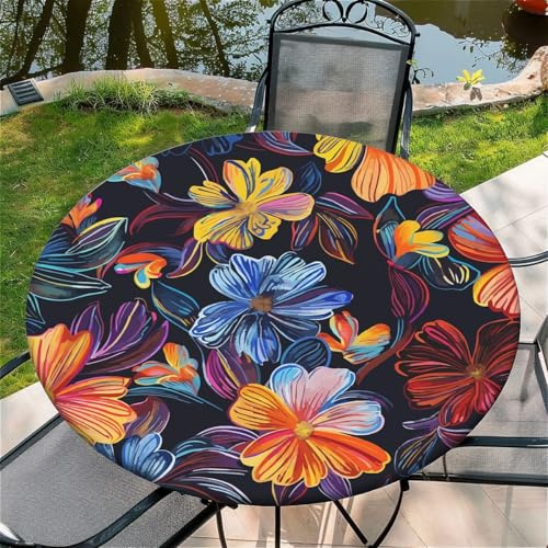 Outdoor Runde Tischdecke mit Gummizug Ø 60(150cm) - Elastisch Garten tischdecke mit Hibiskusblüten Muster Passend für 135-145cm breite Tische