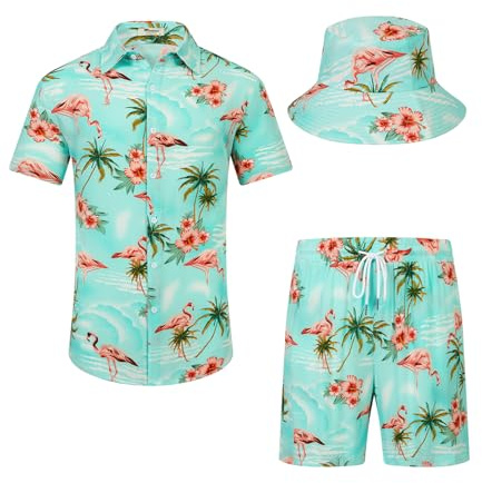 SPKPKEY Hawaiiansk skjorta och shorts för män, set i 2 delar, ledig button-down-skjortor, sommar, strandkläder med fiskhattar