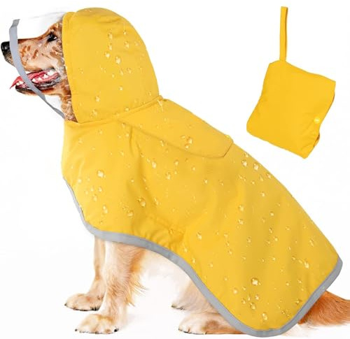 Hunde-Regenmantel, faltbar, wasserdicht, mit Loch für Geschirr, transparente Kapuze, reflektierend, verstellbar, doppellagig, Sicherheits-Regenbekleidung für kleine, mittelgroße und große Hunde, Größe