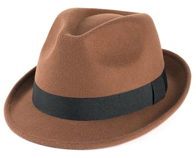 FURTALK Fedora Hats for Men Women Short Brim Felt Trilby Hat with Ribbon Adjustable Size 7-7 3/8, Brown