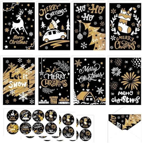 DERAYEE 16PCS Cartes de Noël avec Enveloppes Blanches,8 Dessins Variés Cartes de Vœux Noel Joyeux Noel