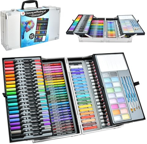 Deco Time Colouring and Drawing Art Set – 112 Piece Creative Artist Gifts for Adults & Kids – Includes Alcohol Markers, Coloured Pencils, Acrylic & Watercolour Paint, Brushes, Palette & Pastels