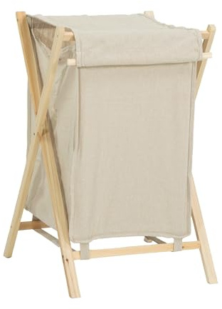 BRINDEK Cesto ropa sucia de madera de abeto y tela beige con tapa | Bolsa extraíble con asas | Cubo para ropa sucia plegable tipo tijera | Diseño natural ligero | ±65L | 44x53x61 cm