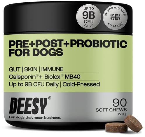 DEESY® Probiotics for Dogs – Clinically Dosed Calsporin® Soft Chews | Pre + Pro + Postbiotic | Gut, Skin & Immune Health | Itchy Skin, Allergies & Sensitive Stomachs | Hydrolysed Formula | 90 Count