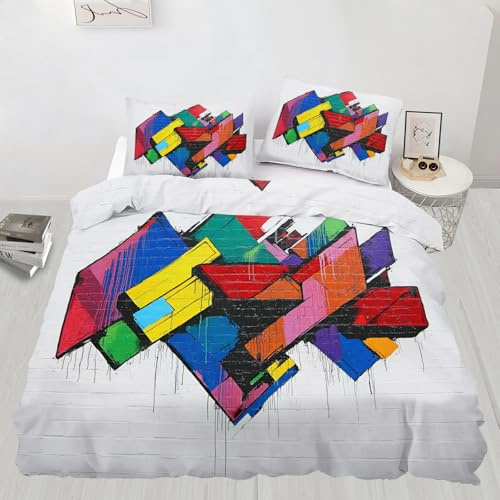 Queen Size Duvet Cover Graffiti Print Duvet Cover Geometric Doodle Comforter Cover Street Art Bedding Couple's Master Bedroom Decor (Reversible Printing)