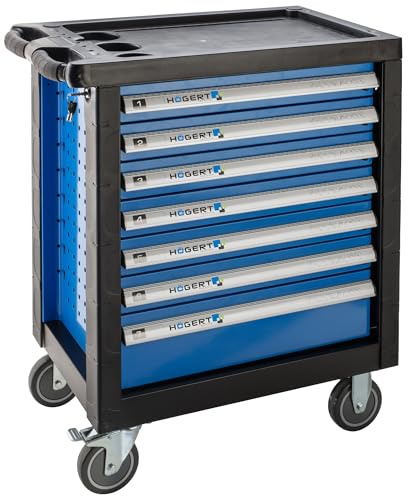 Högert Technik verkstadsvagn med verktyg, 252 delar, utrustad, 7 lådor, kulstyrning, låsbar, stål, PVC-hjul, 78 × 48 × 135 cm, verktygsvagn