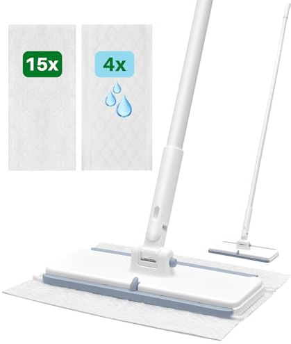 LyriFine Bodenwischer Set 2-in-1, Trocken- und Nasswischmopp mit One-Touch Abwurf, 1s Pad-Befestigung, Wischer Boden mit Wasserabzieher, für Staub, Schmutz, Haare, 4 Feuchttücher, 15 Trockentücher