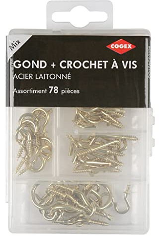 COGEX - Gancho surtido - Acero latonado - 78 piezas - Gancho y arandela de rosca - 78 ganchos para tornillos tipo L y ganchos para tornillos - Surtido de ganchos/fijaciones - Para colgar y fijar