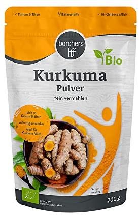 borchers Bio Kurkuma Pulver | Bio Qualität | Vegan | Zuckerarm | Für Kurkuma-Latte & Goldene Milch | 200 g