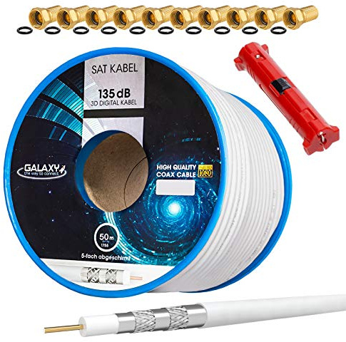 HB-DIGITAL SET 50m Koaxial SAT Kabel 135db Weiß + 10x F-Stecker vergoldet + 1x Abisolierer | CCS Stahl Kupfer Satellit Antennenkabel 5-Fach geschirmt für DVB-S/S2 -C/C2 -T/T2 DAB+ Radio Anlagen