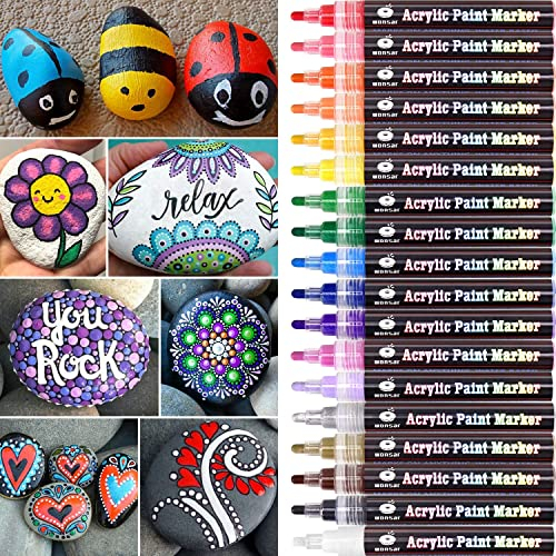 wonsar Acrylic Paint Pens for Rock Painting Stones Ceramic Porcelain Glass Pebbles Fabric Wood Kids DIY, Canvas (18 Medium Tip)