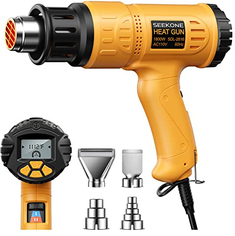 Heat Gun, SEEKONE 1800W Hot Air Gun Kit with Large Digital LCD Display Variable Temperature (122°F-1112°F) Memory Settings and 4 Nozzles for Paint Remover/Stripper, Home Improvement/Restoration