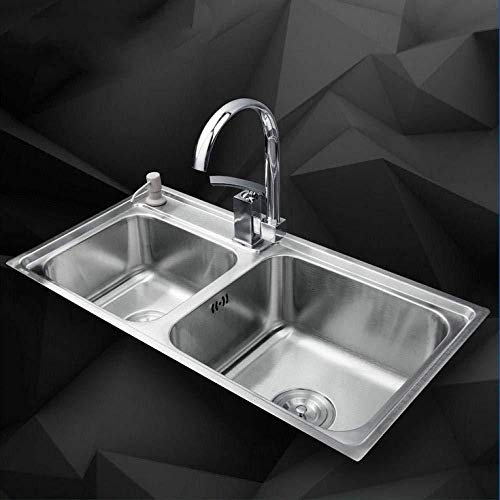 Wieoc Vasque à poser Cuisine En Acier Inoxydable Lavabo Vasque Cuisine Double Bol Mélangeur De Salle De Bains + Robinet Vanité Pivotant + Distributeur De Savon Liquide