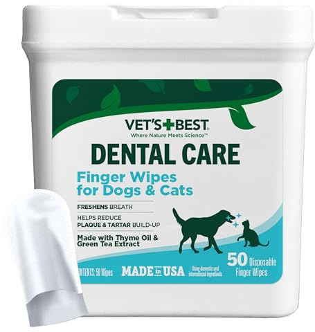 Vet's Best Finger Dental Wipes for Dogs and Cats – Oral Care Wipes for Teeth Cleaning, Fresh Breath, and Tartar Control – Gentle Finger Pads for Pet Dental Hygiene and Plaque Removal – 50 Count