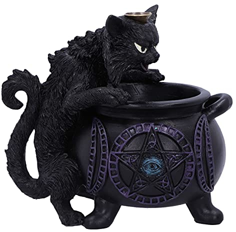 Nemesis Now Spite's Cauldron Rückfluss-Räuchergefäß, Schwarze Katze, vertraut, 16,3 cm