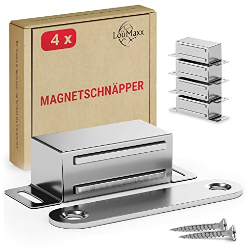LouMaxx Magnetschnäpper stark - Haltekraft 6kg - 4er Set aus Edelstahl – Türmagnet - Schrankmagnet – Möbelmagnete – Tuer Magnetverschluss Edelstahl– Magnethalter Schranktür für sicheren Halt