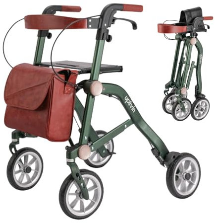 Uplivin Trive Rollator with Seat - 1 Step Double Folding || 4 Wheel Rollator || Lightweight 6.5kg || Aluminum Mobility Walker || Oxidised Surface Finish for Metallic Look (Green)
