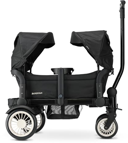 Deryan Sandy Bollerwagen Faltbar für 2 Kinder (9 Monate bis 5 Jahre), Dach Klappbarer Handwagen, Sonnenschutz für Ausflug Strand Camping, abnehmbarem Tablett, Verstellbarer Griff, mit Bremse, Schwarz