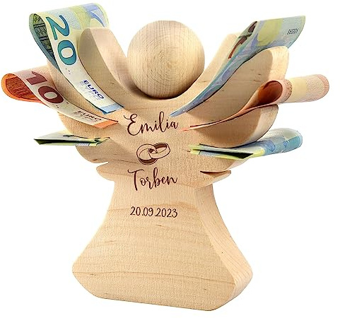 Personalisierte Holzengel Dekofigur, Geldgeschenk zur Hochzeit, Hochzeitsgeschenk für Brautpaar, Schutzengel Figur aus Holz mit Ringe Gravur, Verpackung für Geldgeschenke, Dekoengel als Glücksbringer