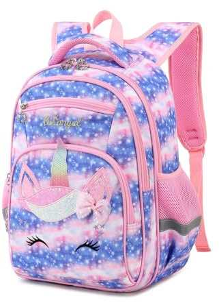 Cusangel Barnryggsäck med Flera Fack, Söt Hjärtmönster, Blå, 17 tum, för Pojkar och Flickor, Förskola (Rosa)