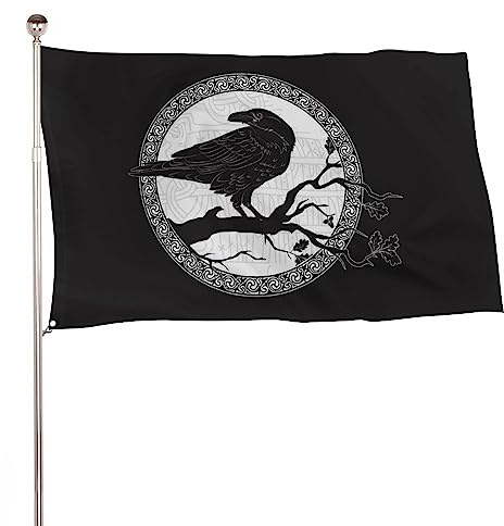 Dekorative Gartenflagge, Hofbanner, Wikinger, schwarze Krähe, Rabe, sitzend auf Ast, einseitiger Druck, Willkommensgartenflaggen, Rasen, hängende Dekoration, 120 x 180 cm