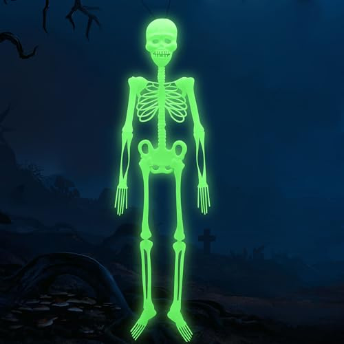 Halloween Deko Leuchtendes Skelett - Fluoreszierend Aufgehängt, Leuchtender Totenkopf, Bewegliche Gelenkknochen, Grusel Mottoparty Haunted House Requisit (90cm)