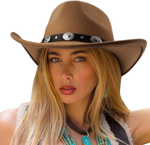 DRESHOW Women Men Classic Felt Wide Brim Western Cowboy & Cowgirl Cap Belt Buckle Retro Panama Hat Unisex Rolled up Caps