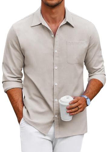 COOFANDY Camicie Casual da Uomo Camicia A Maniche Lunghe Camicia Estiva Camicia in Cotone Camicia Oxford con Taschino sul Petto Marrone Chiaro M