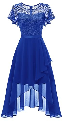 Wedtrend Aftonklänning dam, elegant cocktailklänning, hög lågbalklänningar med spetsar, A-linje, för bröllop, kort klänning, festlig dam, A-linje, mullvadsklänning, Kungsblå, XL