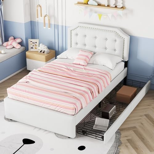 Skcess 90X200 cm Flaches Bett, Gepolstertes Bett, Nachttischpolsterung Mit Dekorativen Nieten, Doppelte Schubladen, Hellbeige