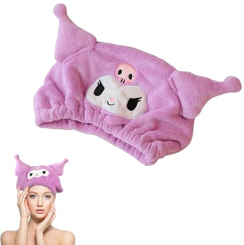 HOOKTA Kitty Kuromi, asciugamano per capelli in microfibra, ad asciugatura rapida, in velluto di corallo, per ragazze e donne (coniglietto viola)