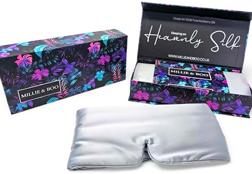 Millie & Boo Seide Schlafmaske - 100% Reine Bio Maulbeere 19 Momme Seide Augenmaske zum Schlafen - Bequeme Augenmaske mit Gummiband - Geschenkbox enthalten - Silber/Grau - für Männer, Frauen, Kinder
