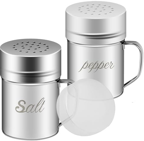 ZERUIDM Stainless Steel Salt and Pepper Shakers Set, 6 OZ Seasoning Spice Shaker with Lid and Handle Medium Holes, Metal Dredge Shaker for Powder Sugar Cooking Kitchen Baking (2 Pieces)