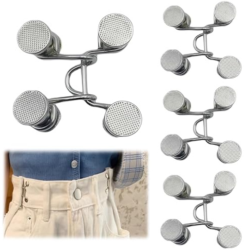4 Stück Hosenbund Enger Machen,Hosen Enger Machen Clip,Hosenknopf Zum Enger Machen,Jeans Knöpfe Ohne Nähen,Hosenknöpfe für Jeans (Silber)