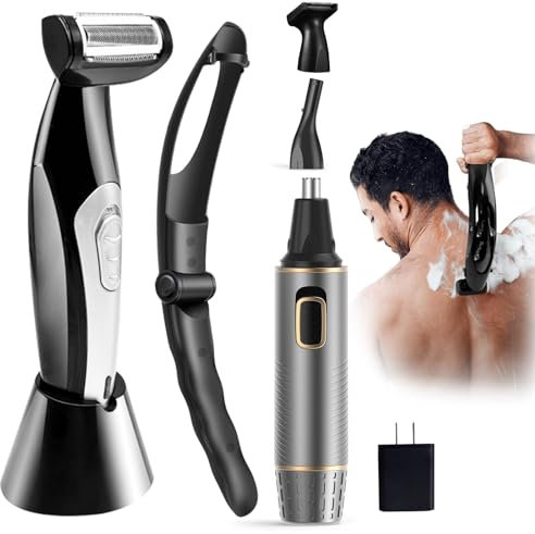 Electric Back Shaver for Men with Extreme Reach Long Handle Rechargeable - Effortless Body Grooming and Multi-Functional Nose Hair Trimmer