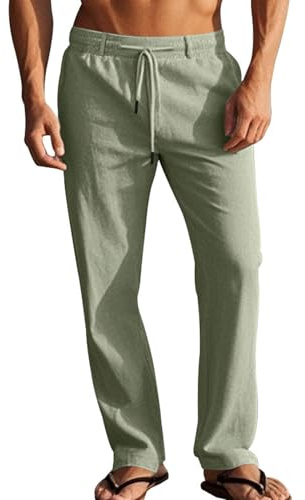LAOARA byxor herrbyxor sommarbyxor fritidsbyxor bomull lätta sommar linnebyxor långa med fickor dragsko M-2XL, Grön, M