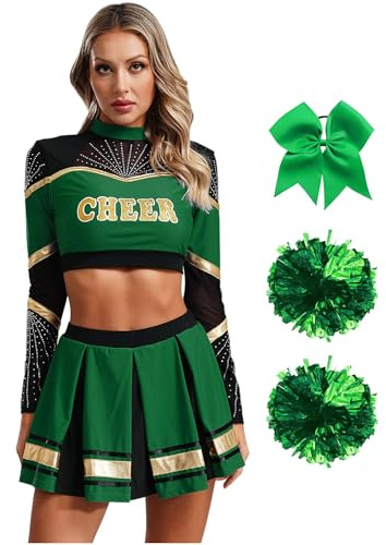 YiZYiF Damen Cheer Leaderin Kostüm Cheerleading Mit Pompoms Kopfschmuck Socken Langarm Top Faltenrock Schulmädchen Kostüm Karneval Halloween A_Grün XXL