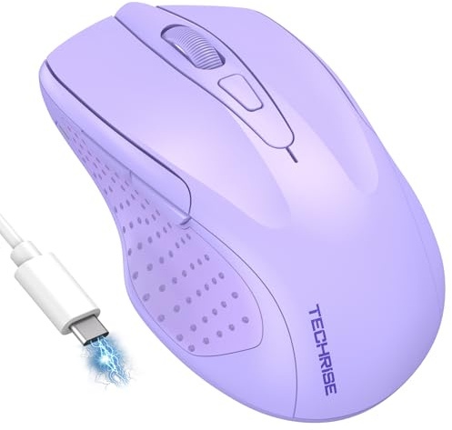 TechRise Bluetooth Mouse, Rechargeable Wireless Mouse (BT5.0/3.0 & 2.4G), 4800DPI Adjustable, 8-Button Silent Computer Mice, USB Ergonomic Wireless Mouse for Laptop PC Mac, Light Purple